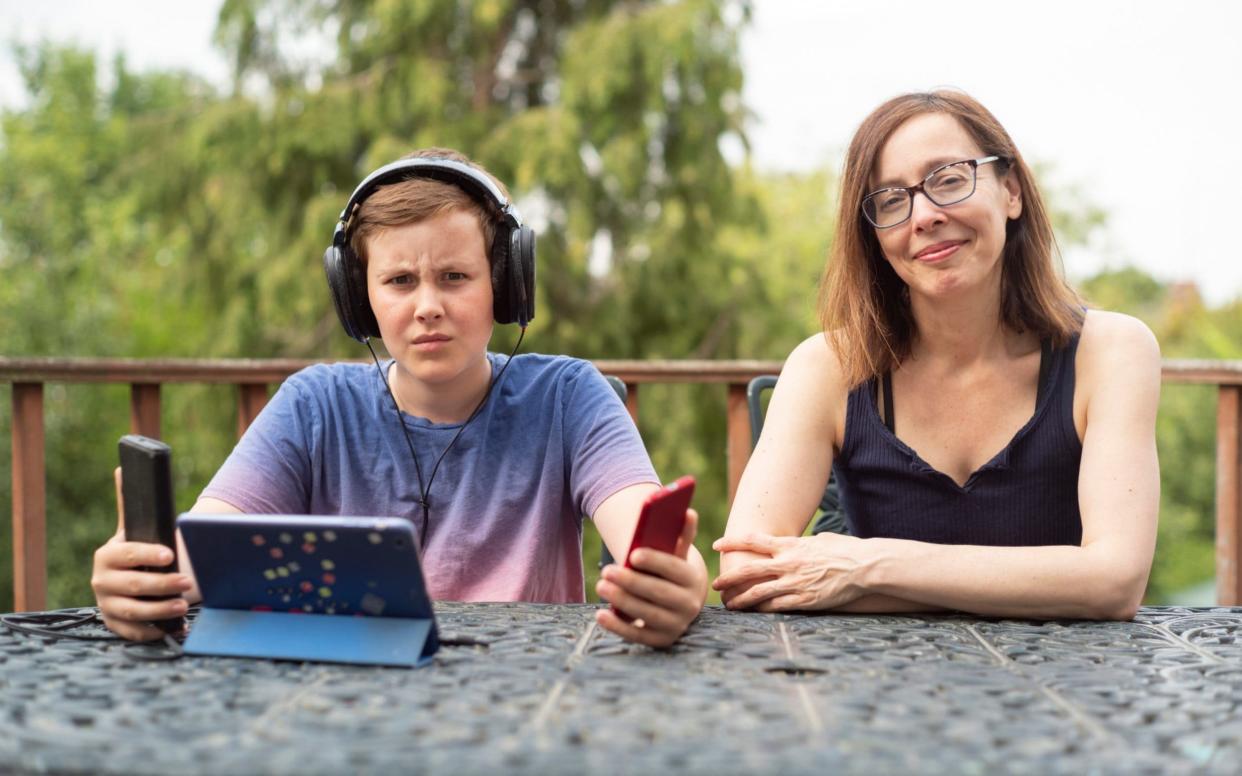 Anna Maxted and her 13 year-old son, Conrad, whose screen habit she's attempting to crack - David Rose
