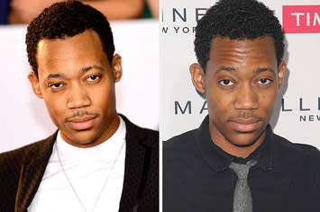 Tyler James Williams wears a black suit with a white shirt. He also wears a black shirt with a gray tie.
