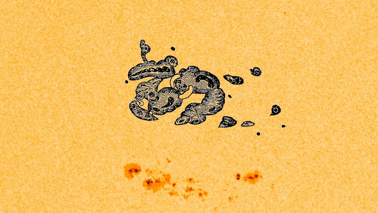  A fiery yellow sun with a blotchy orange sunspot, underneath a blobby sketch of an even larger sunspot as recorded by Richard Carrington in 1859 