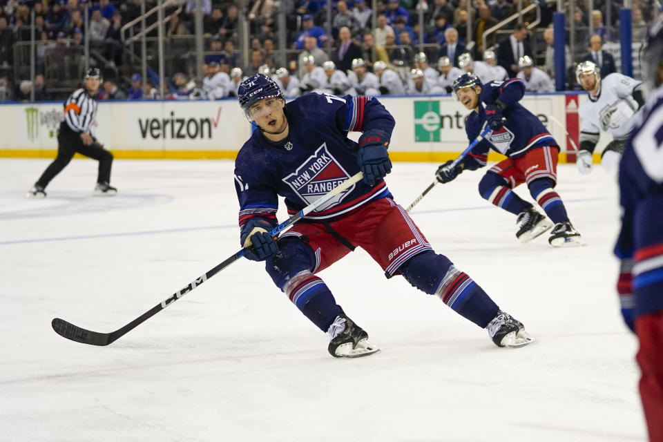 New York Rangers center Tyler Pitlick (71) calls for a pass from teammate Ryan Lindgren during the first period of an NHL hockey game against the Los Angeles Kings in New York, Sunday, Dec. 10, 2023. (AP Photo/Peter K. Afriyie)