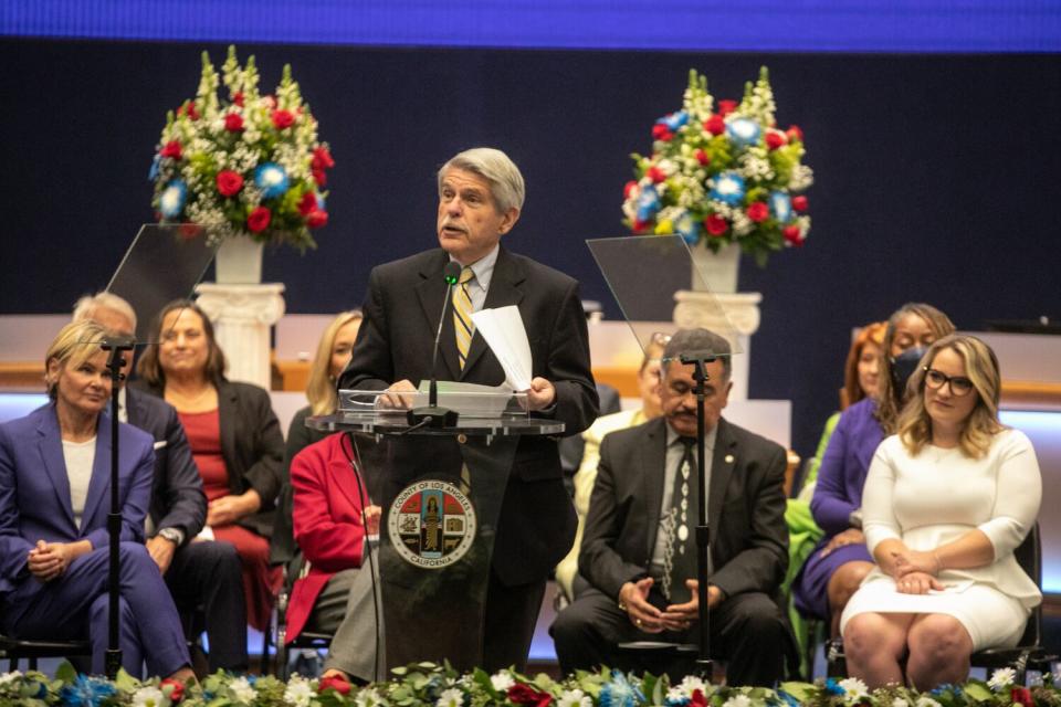 Former Supervisor Zev Yaroslavsky speaks at a lectern.