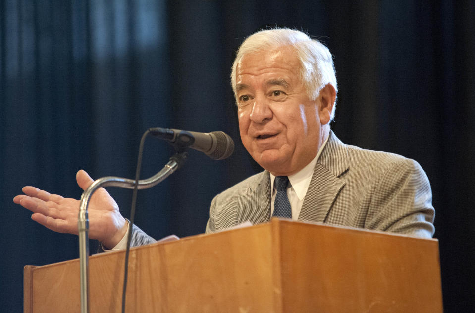 U.S. Rep. Nick Rahall speaks during a school dedication event at Oakvale Elementary School in Princeton, W.Va., Monday, April 21, 2014. In a state where Republicans are breaking losing streaks that predate the Eisenhower administration, Rahall, a nearly 40-year Democratic House incumbent, is one of the GOP’s top targets. (AP Photo/Michael Shroyer)