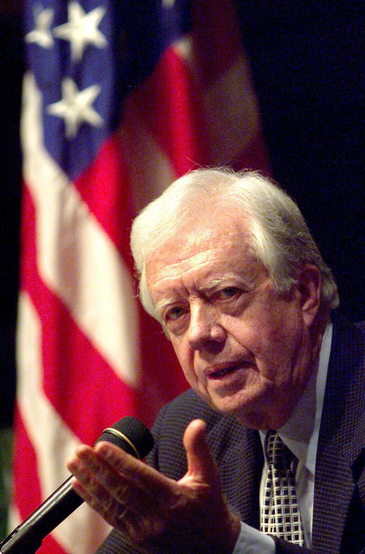 Former President Jimmy Carter addresses a press conference on April 1, 1999, during his visit to Jakarta, Indonesian. Former President Carter who will be part of the foreign observers monitoring the upcoming June 7 elections, said he believed people of East Timor, which may get independence soon, should still take part in the elections.