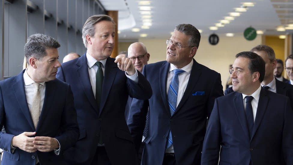 Lord David Cameron, Gibraltar Chief Minister Fabian Picardo, Spanish Foreign Minister José Manuel Albares and European Commission Vice-President Maroš Šefčovič