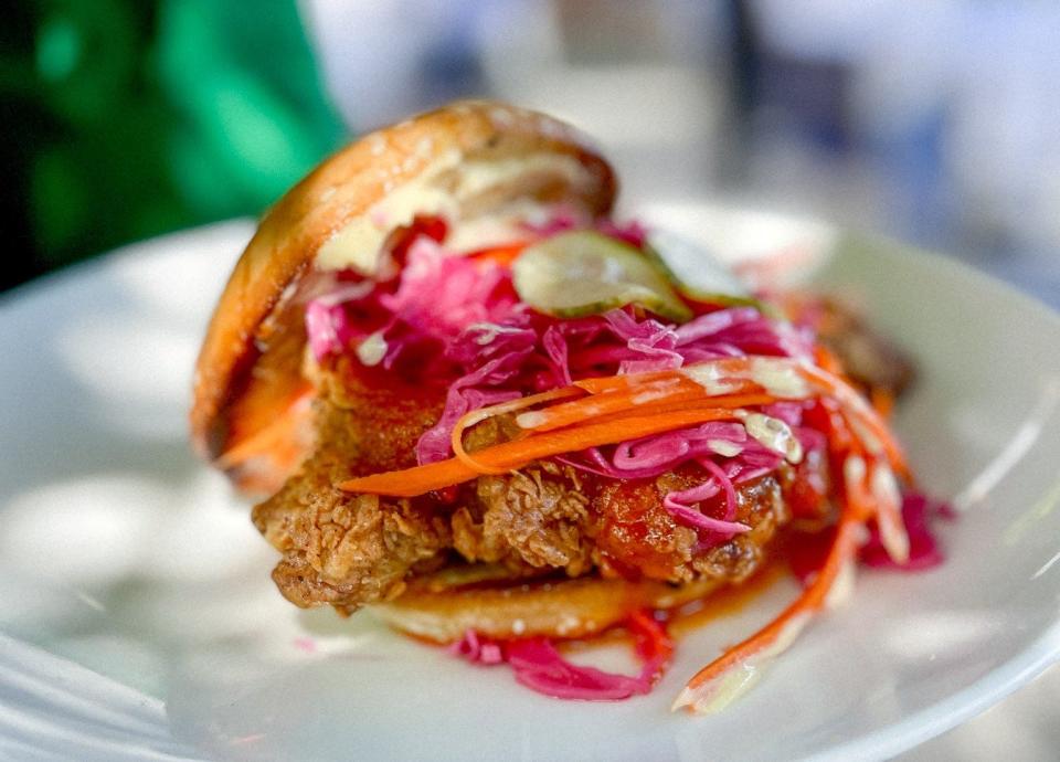 The Crispy Chicken Sandwich with pickled veggies, house hot honey glaze, aioli and served with house chips (not pictured) is on the new lunch menu at Cafe L'Europe on St. Armands Circle in Sarasota.