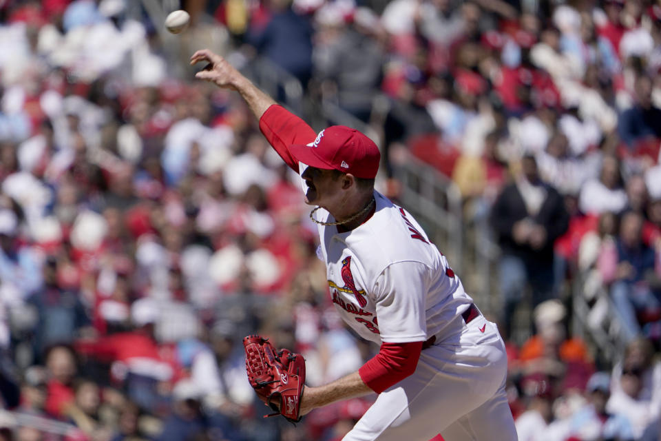 St. Louis Cardinals starting pitcher Miles Mikolas throws during the first inning of a baseball game against the Pittsburgh Pirates Saturday, April 9, 2022, in St. Louis. (AP Photo/Jeff Roberson)