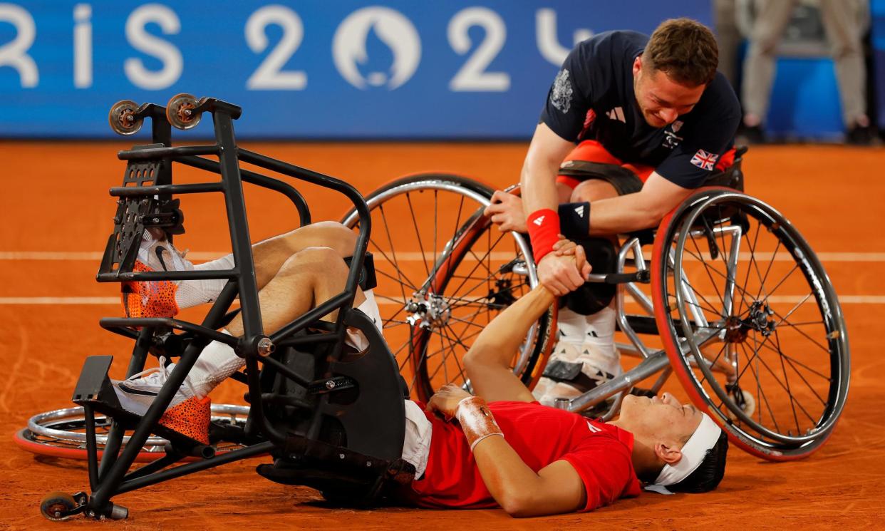 <span>Alfie Hewett (right) congratulates Tokito Oda at the end of their thrilling gold-medal match.</span><span>Photograph: Tom Jenkins/The Observer</span>