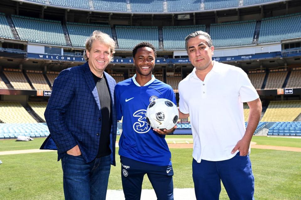 Todd Boehly and Cleaklake Capital’s Behdad Eghbali with signing Raheem Sterling (Chelsea FC via Getty Images)