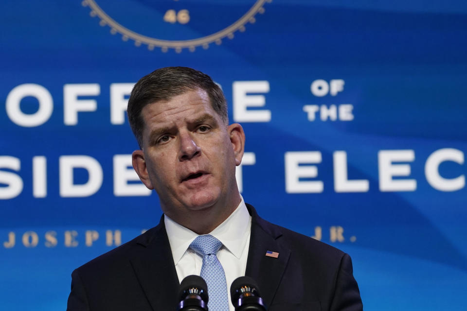 President-elect Joe Biden's nominee for Secretary of Labor, Boston Mayor Marty Walsh speaks during an event at The Queen theater in Wilmington, Del., Friday, Jan. 8, 2021. (AP Photo/Susan Walsh)