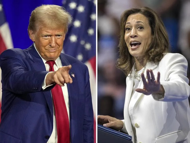 Left: Republican presidential nominee former President Donald Trump gestures during a town hall with former Democratic Rep. Tulsi Gabbard, Thursday, Aug. 29, 2024, in La Crosse, Wis. (AP Photo/Charlie Neibergall); Right: Democratic presidential nominee Vice President Kamala Harris speaks at a campaign rally Thursday, Aug. 29, 2024, in Savannah, Ga. (AP Photo/Stephen B. Morton)