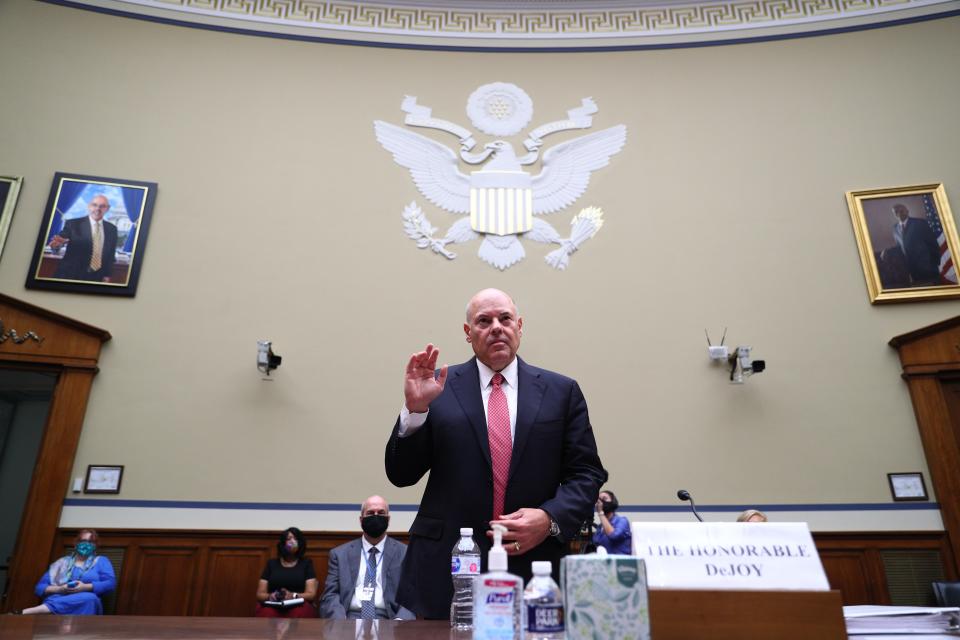 U.S. Postal Service Postmaster General Louis DeJoy testifies on Capitol Hill in August 2020.