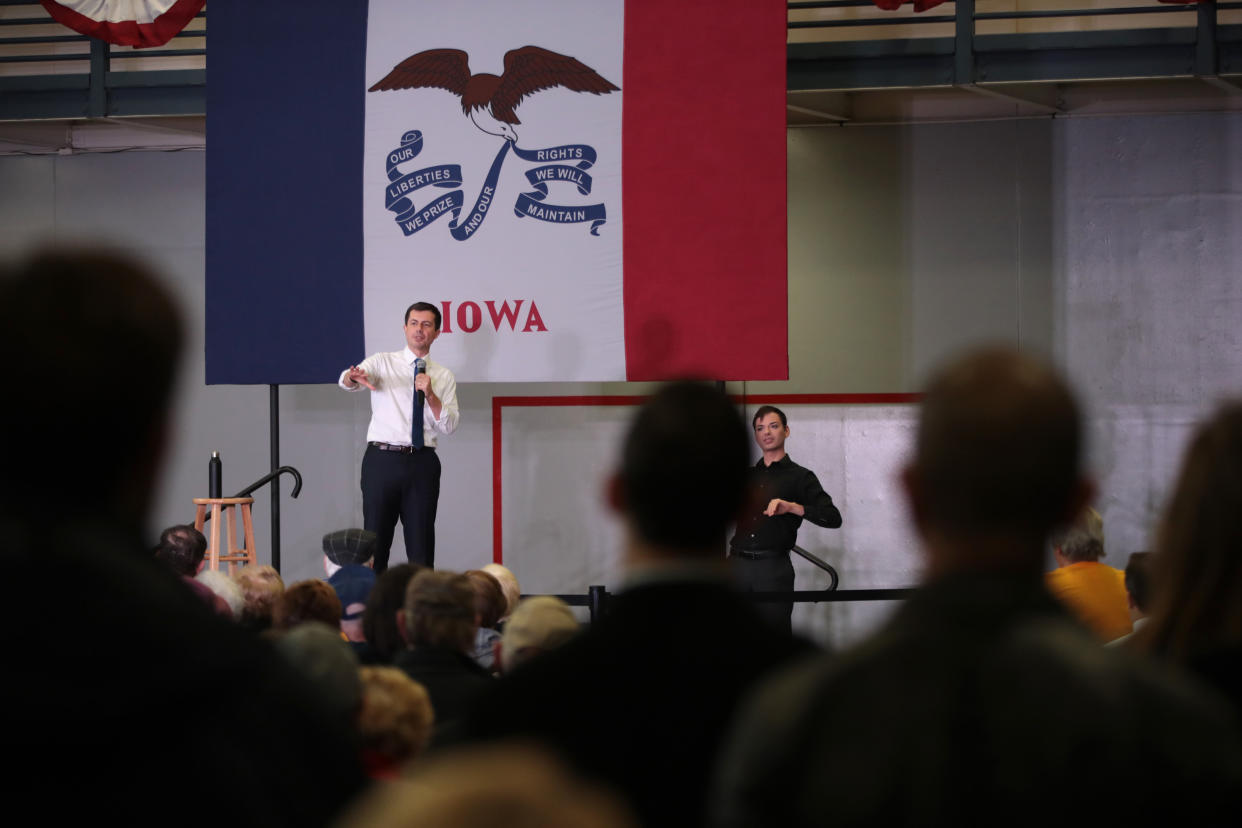 CRESTON, IOWA - NOVEMBER 25: Democratic presidential candidate South Bend, Indiana Mayor Pete Buttigieg speaks to guests during a campaign stop at the YMCA on November 25, 2019 in Creston, Iowa. The 2020 Iowa Democratic caucuses take place on February 3, 2020, making it the first nominating contest for the Democratic Party to choose their candidate to face Donald Trump in the 2020 election. (Photo by Scott Olson/Getty Images)