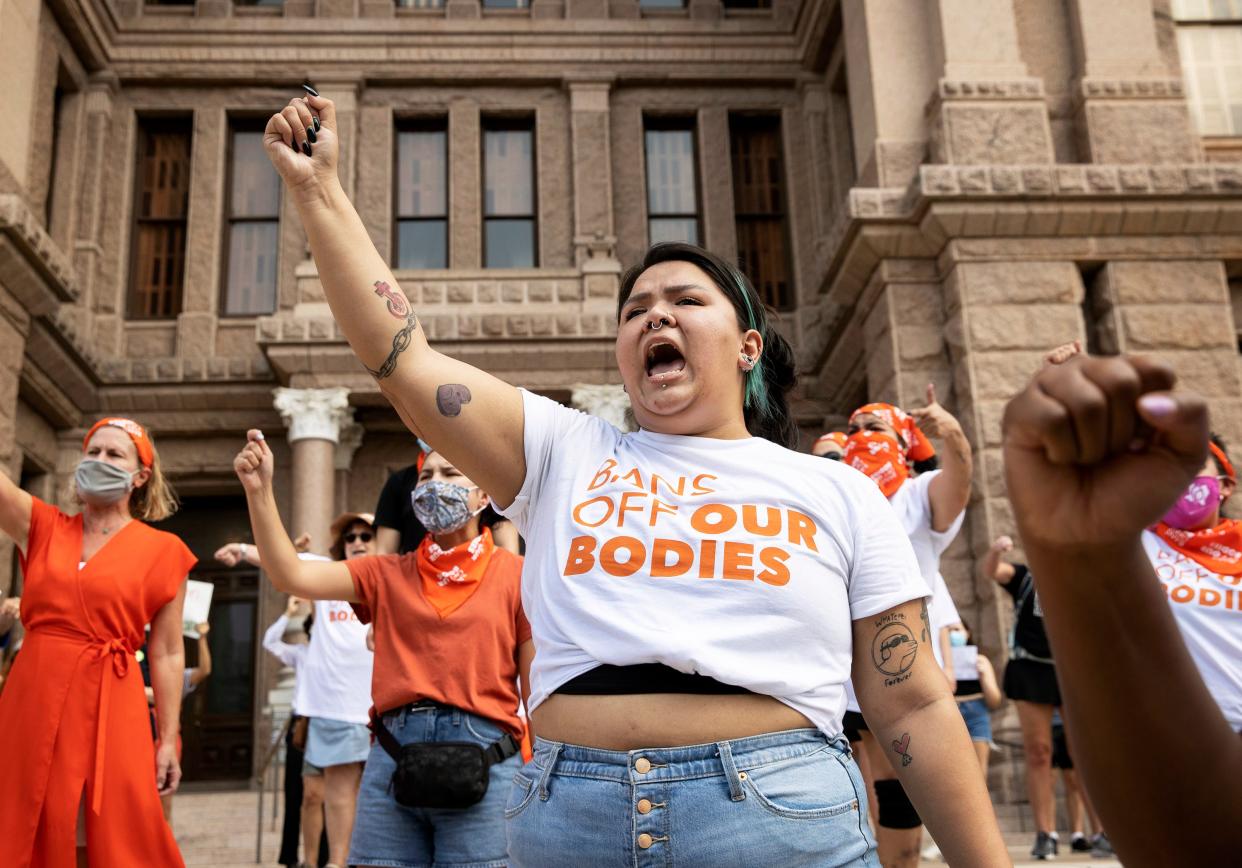 Abortion rights protesters rally outside of Texas’s state capital.  (Austin American-Statesman)