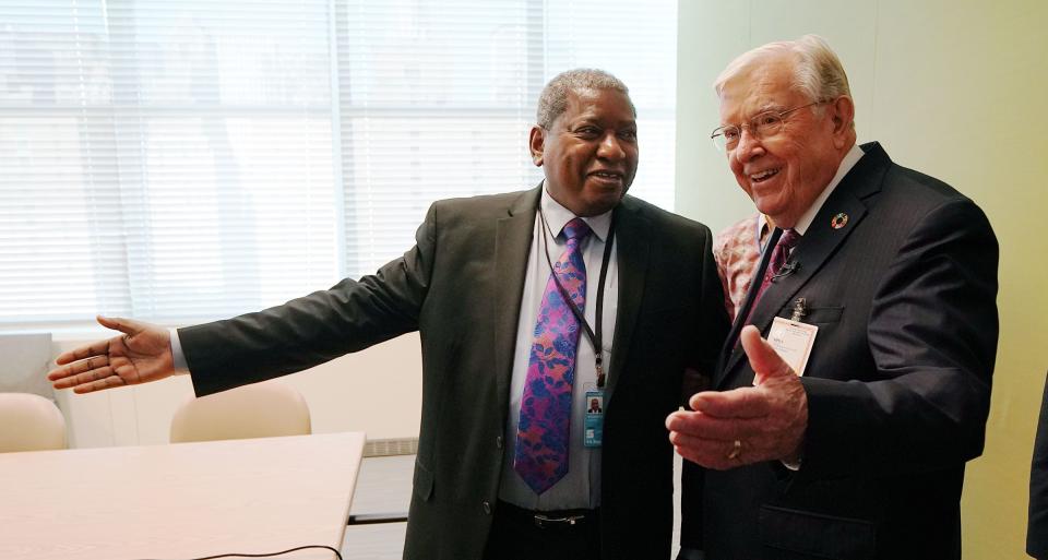 President M. Russell Ballard, right, acting president of the Quorum of the Twelve Apostles of The Church of Jesus Christ of Latter-day Saints, greets Jerobeam Shaanika, Deputy Chief de Cabinet, office of the President of the General Assembly of the United Nations 74th Session in New York City on Friday, Nov. 15, 2019. | Ravell Call, Deseret News