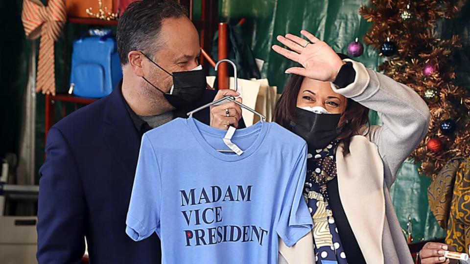 Vice President-elect Kamala Harris and her husband, Doug Emhoff, made it point to shop at local shops for Small Business Saturday, finding a custom tee. (Photo by Tasos Katopodis/Getty Images)