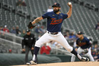 Minnesota Twins pitcher Devin Smeltzer throws to a Kansas City Royals batter during the first inning of a baseball game Thursday, May 26, 2022, in Minneapolis. (AP Photo/Craig Lassig)