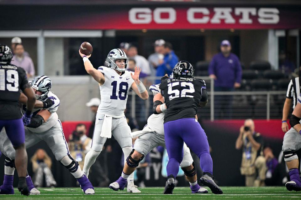 Kansas State quarterback Will Howard (18) looks to throw against TCU during the 2022 Big 12 championship game at AT&T Stadium.