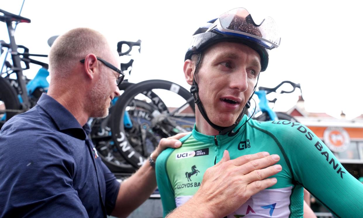 <span>Wales’ Steve Williams, of Israel-Premier Tech, reacts after winning the Tour of Britain.</span><span>Photograph: Bradley Collyer/PA</span>