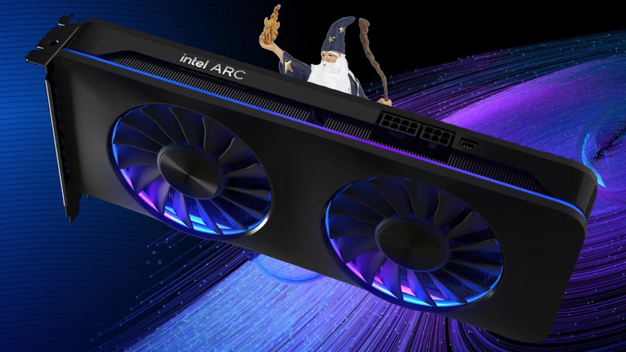  Intel Arc graphics card with blue swirls in backdrop and wizard figure behind card. 