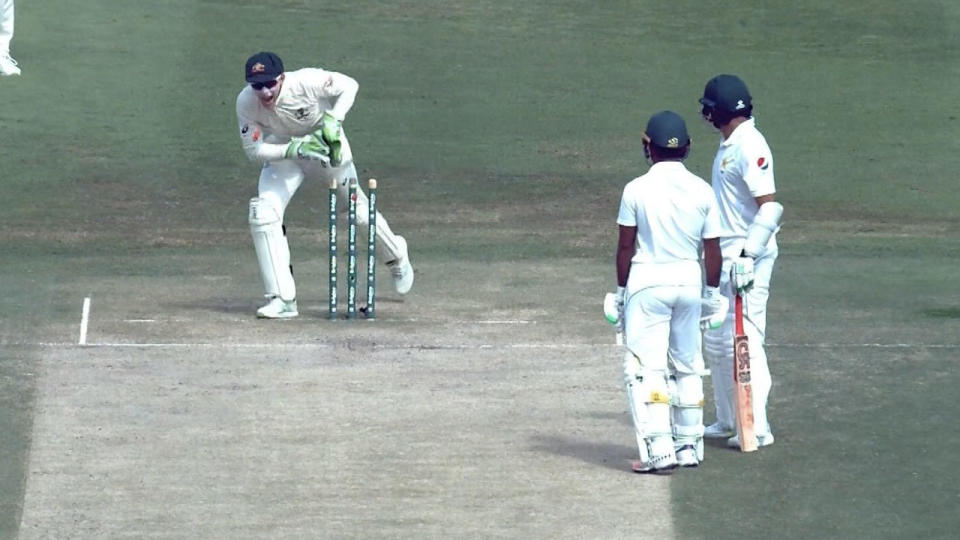 Tim Paine ripped the bails off to the absolute confusion of Azhar Ali. Pic: Fox Cricket