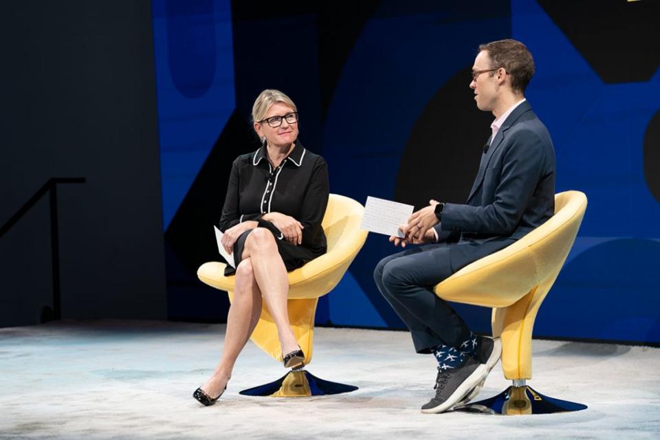 Joanna Geraghty, JetBlue’s president and chief operating officer, speaking to Skift Airline Weekly editor Edward Russell at Skift Global Forum in New York on Sept. 19. Neil van Niekerk / Skift