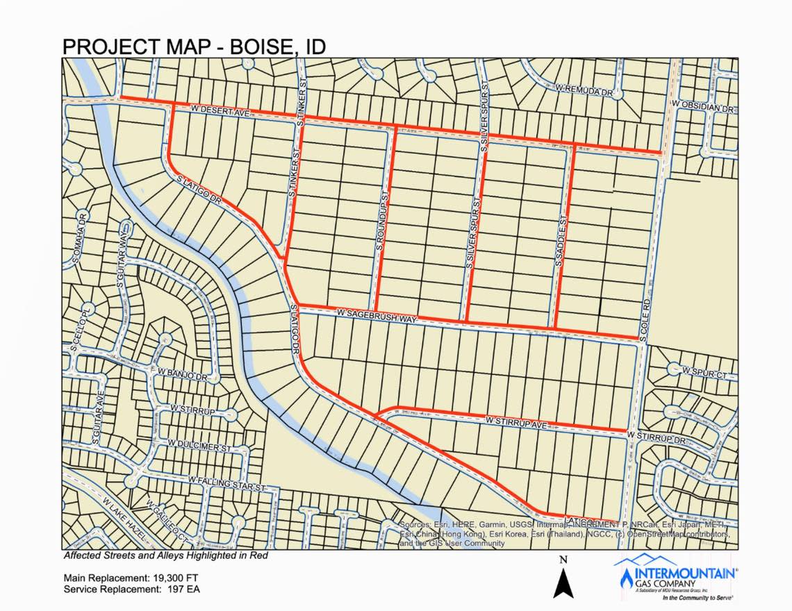 Intermountain Gas plans to replace existing pipelines and service lines west of Cole Road and south of Desert Avenue in Boise. The areas outlined in red on the map show what streets will be affected.