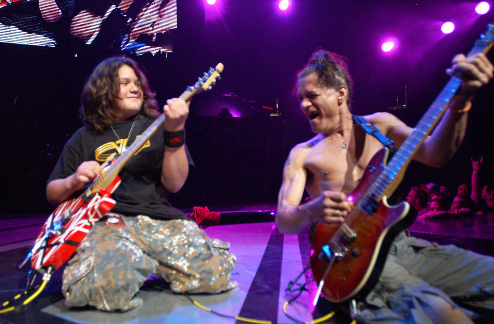 Wolfgang Van Halen and Eddie Van Halen at the Meadowlands on June 22, 2004. (Kevin Mazur / WireImage)