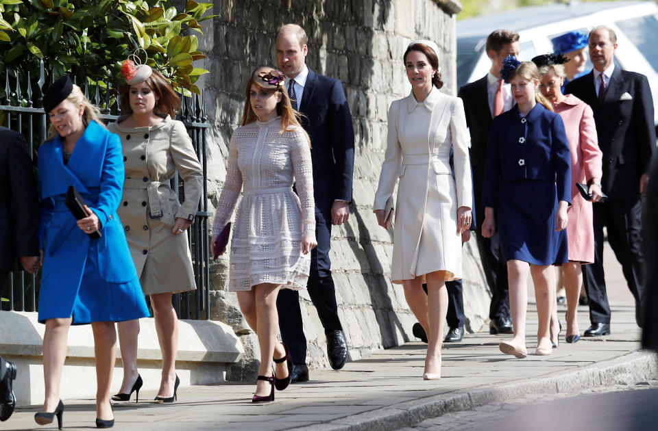 Autumn Phillips, Princess Eugenie, Princess Beatrice, the Duke and Duchess of Cambridge and Lady Louise Windsor at the Easter Sunday service in 2017 [Photo: PA]