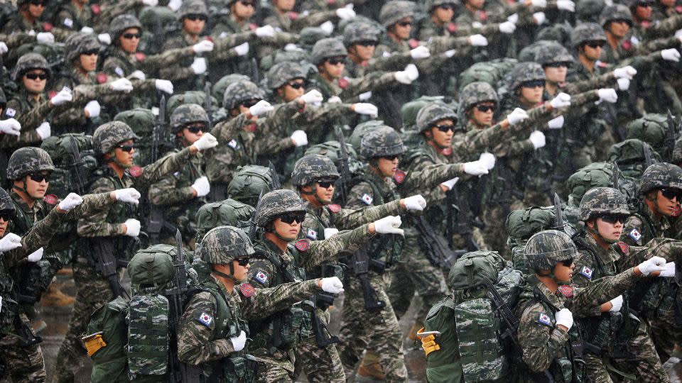 South Korean troops marched during the military parade in Seoul, South Korea, on September 26, 2023. - Kim Hong-Ji/Reuters