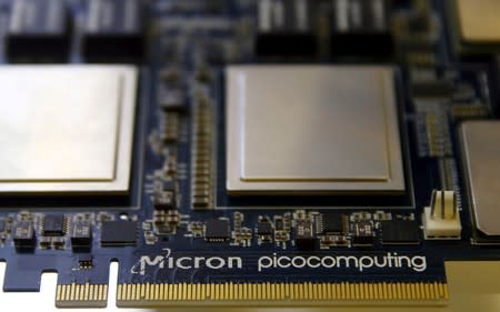 FILE PHOTO: Memory chip parts of U.S. memory chip maker MicronTechnology are pictured at their fair booth at an industrial fair in Frankfurt