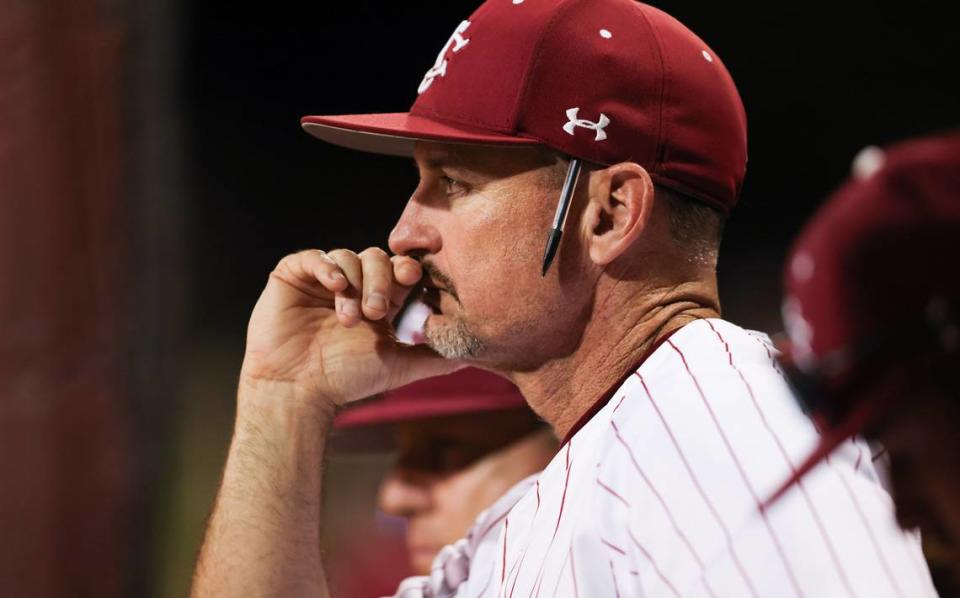 South Carolina assistant coach Monte Lee looks on during the Gamecocks’ game against Georgia at Founders Park in Columbia on Thursday, May 9, 2024.