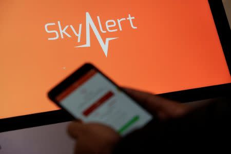 FILE PHOTO: The logo of SkyAlert earthquake alerts application is displayed on a computer screen in this October 6, 2017 illustration photo. REUTERS/Daniel Becerril/Illustration/File Photo