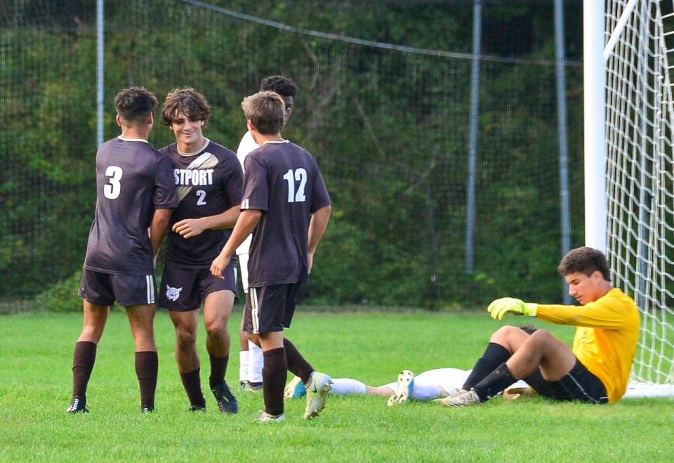 Westport's Hunter Brodeur smiles after scoring a goal against Bishop Connolly during a recent game at the old Westport High school.