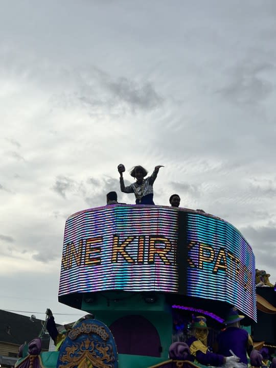 New Orleans Police Department Superintendent Anne Kirkpatrick rides in Krewe of Endymion parade on Saturday, Feb. 10, 2024. (WGNO/Rachel Hernandez)