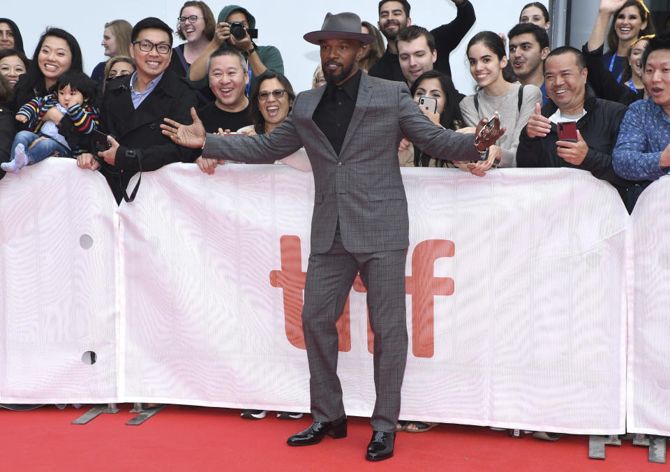 Jamie Foxx attends the premiere for "Just Mercy" on day two of the Toronto International Film Festival at the Roy Thomson Hall on Friday, Sept. 6, 2019, in Toronto. (Photo by Chris Pizzello/Invision/AP)