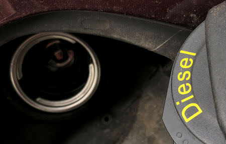 FILE PHOTO: A fuel tank cap of a diesel car is pictured in Berlin, Germany, October 2, 2018. REUTERS/Hannibal Hanschke/File Photo