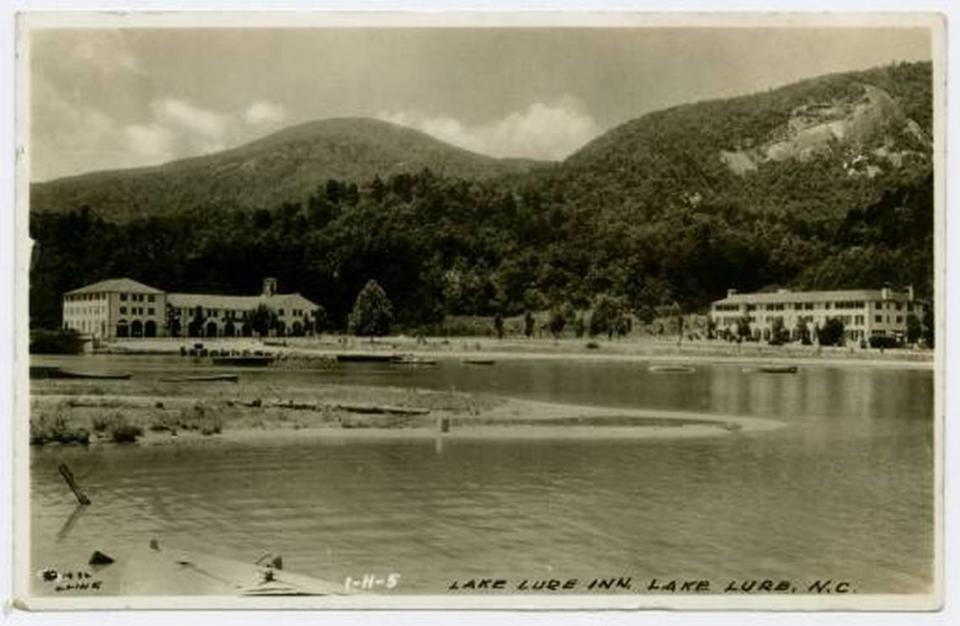 An early postcard of the Lake Lure Inn & Spa, right, which was built in 1927 by Dr. Lucius Morse. The good doctor’s spirit is one of several said to haunt the building today.