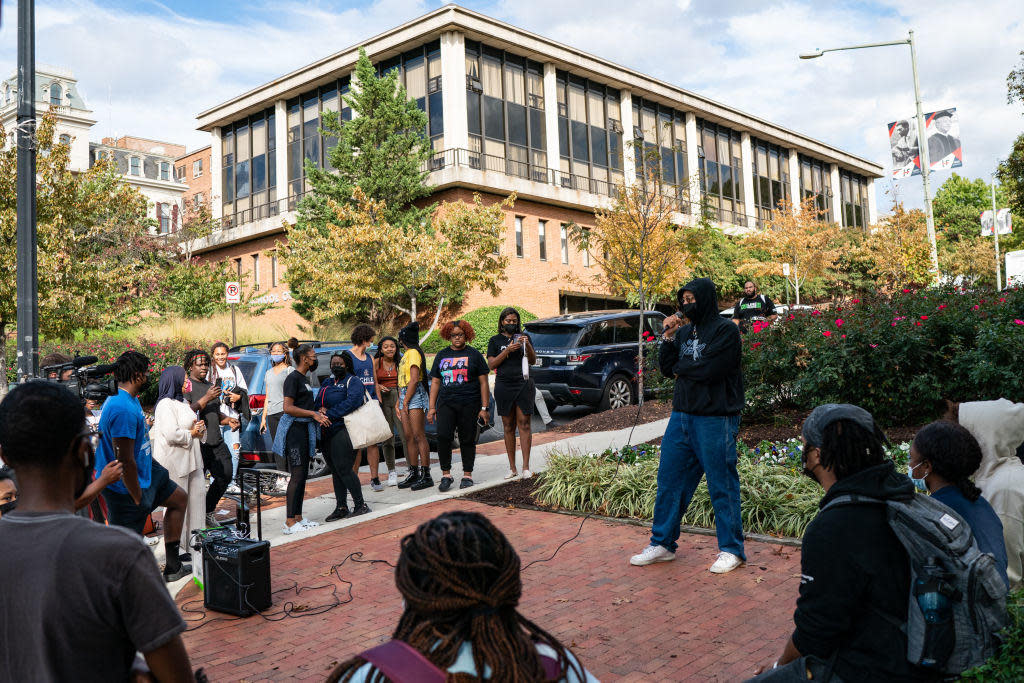 Howard University students protest the mistreatment of students at the hands of university administration in Washington, D.C., on, October 25, 2021. / Credit: Salwan Georges/The Washington Post via Getty