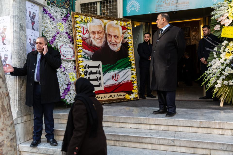 Photos of Gen. Qasem Soleimani outside his memorial service in Tehran on Jan. 12, 2020.