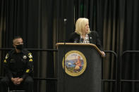 FILE - Sacramento County District Attorney Anne Marie Schubert speaks at CSU Sacramento in Sacramento, Calif., Aug. 21, 2020. Schubert is running as an independent for state attorney general, having left the Republican Party in 2018. (AP Photo/Randall Bento, file)