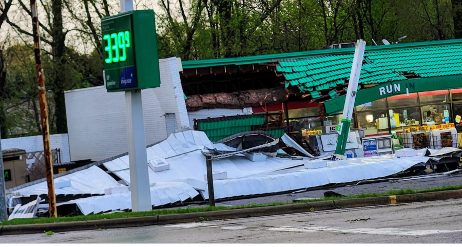 A photo shows tornado damage sustained at a gas station. (Photo by North Wilkesboro Police Department)