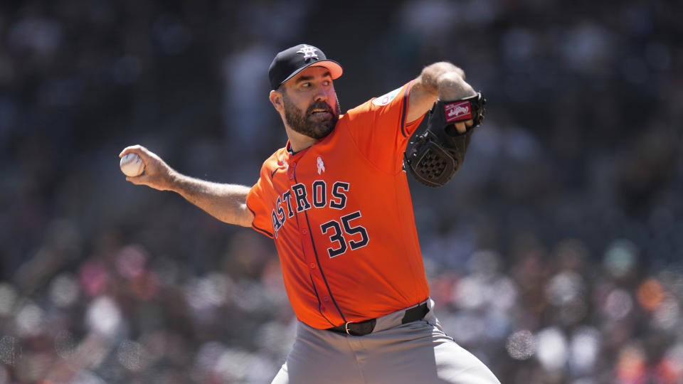 Houston Astros pitcher Justin Verlander throws against the Detroit Tigers in the third inning of a baseball game, Sunday, May 12, 2024, in Detroit. (AP Photo/Paul Sancya)