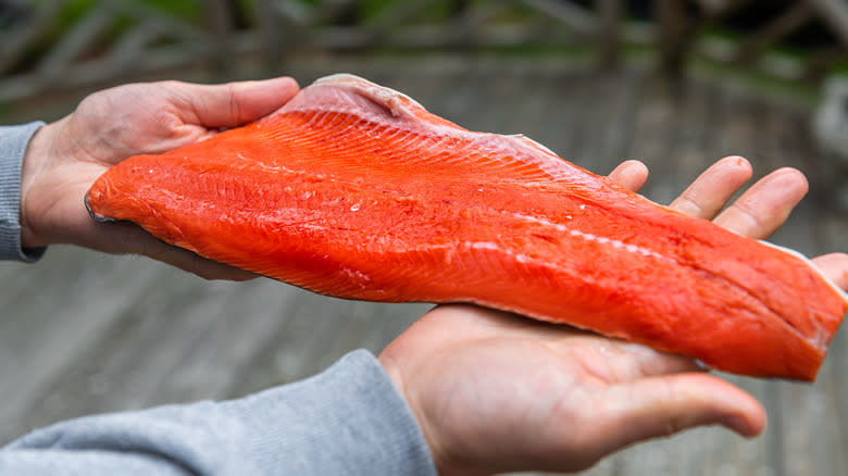 hands holding sockeye salmon filet