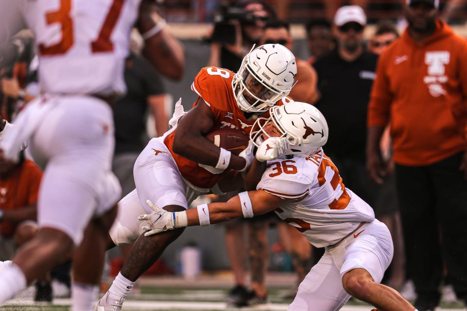 Jahleel Billingsley, being tackled by Michael Taaffe in Texas' spring game, had a breakout season with Alabama in 2020.