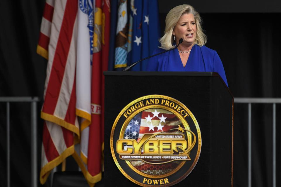 Secretary of the Army Christine Wormuth speaks during the Fort Gordon installation redesignation ceremony to Fort Eisenhower on the base on Friday, Oct. 27, 2023. Fort Eisenhower is the last of nine military installations to be renamed.