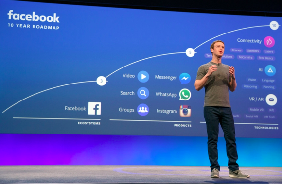 Facebook CEO Mark Zuckerberg speaks on a stage at a conference