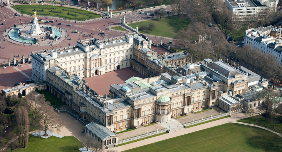 An aerial shot of Buckingham Palace. 