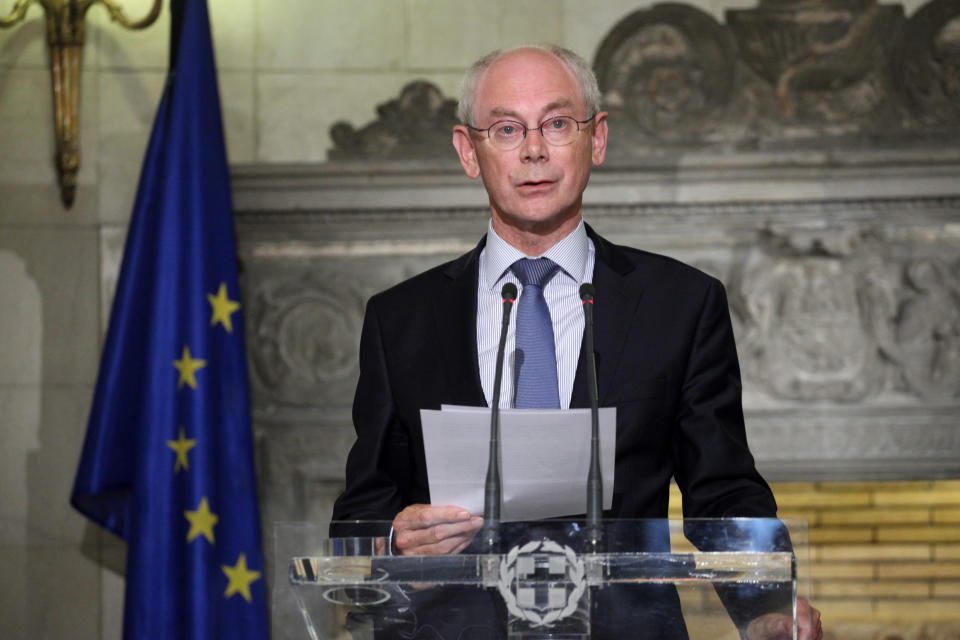 European Council president Herman Van Rompuy speaks during a joint news conference with Greek Premier Antonis Samaras after their meeting in Athens, Friday, Sept. 7, 2012. Greece is struggling to meet budget commitments needed for continued emergency financing from eurozone countries and the International Monetary Fund.(AP Photo/Petros Giannakouris)