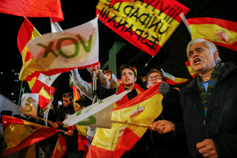 Supporters of Spain's far-right party Vox wave flags in Madrid during the Spanish election in November.&nbsp; (Photo: Susana Vera / Reuters)