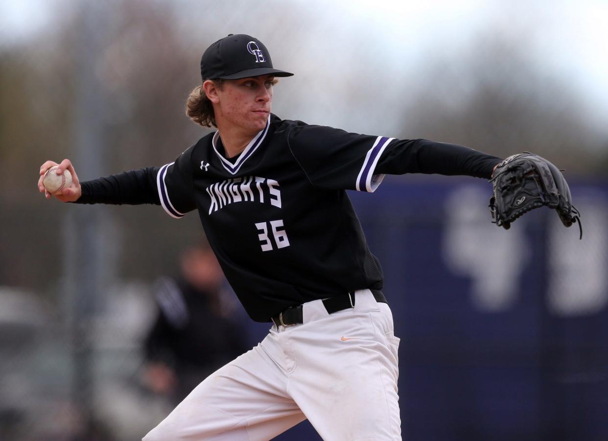 Old Bridge's JT Meyer pitches against North Brunswick in the baseball game on April 12, 2024